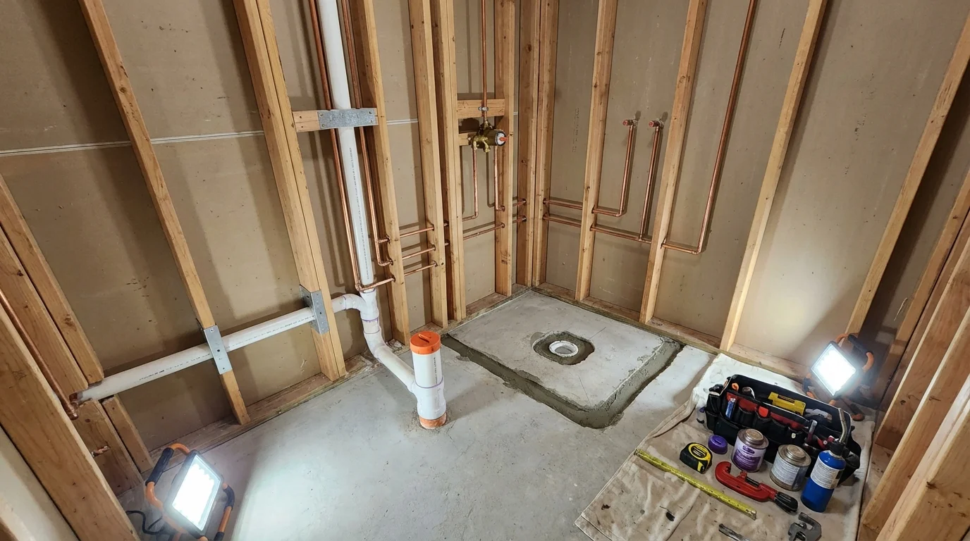 Bathroom rough-in plumbing during remodel by Johns Plumbing LLC in Niagara Falls