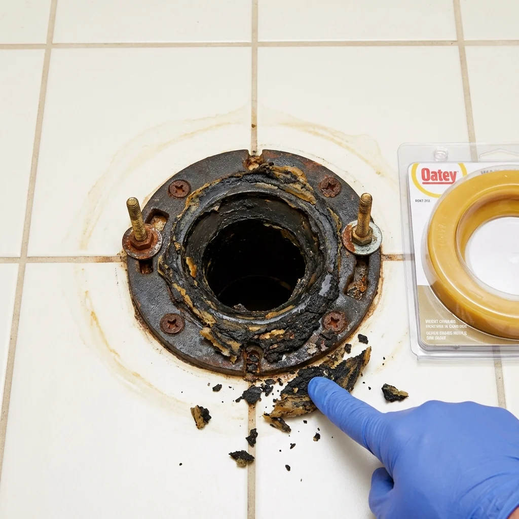 Failed wax ring showing water seepage at the base of a toilet in a Niagara Falls, NY home