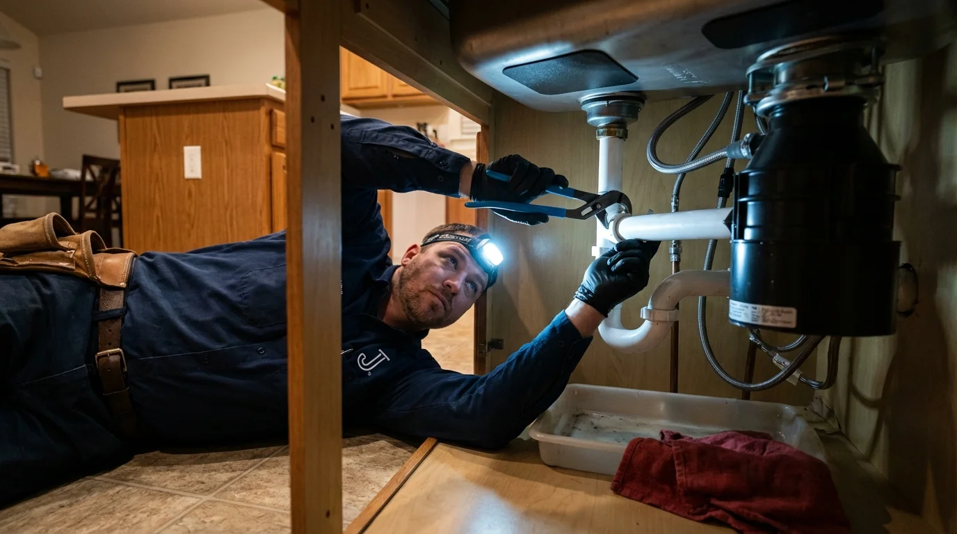 P-trap and supply line connections under a kitchen sink showing a common leak point in Niagara Falls, NY